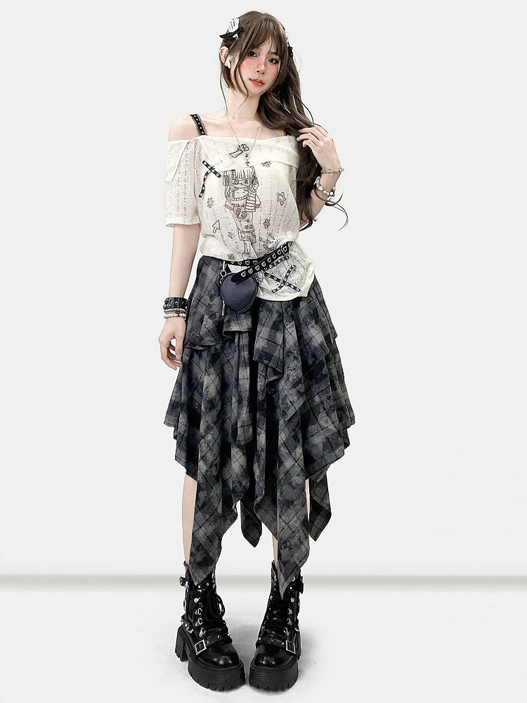 ハンカチ ダークヘム チェック柄スカート ほろ苦いグレー