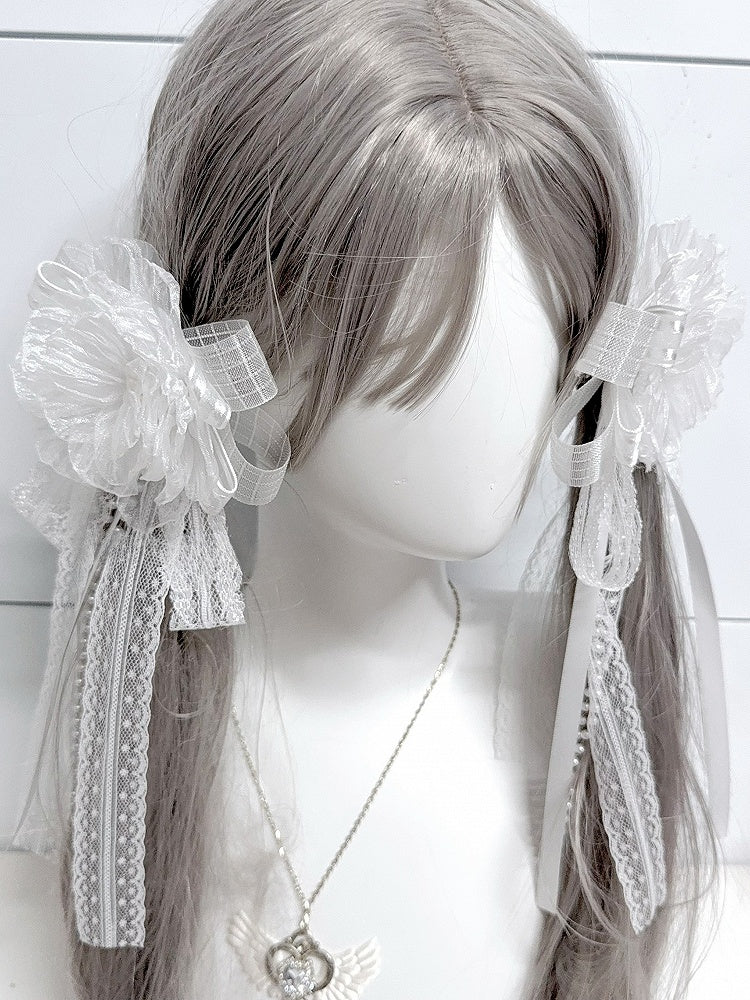 Bowknot with Charm White/Black Design Floral Beaded Hairclip/Brooch