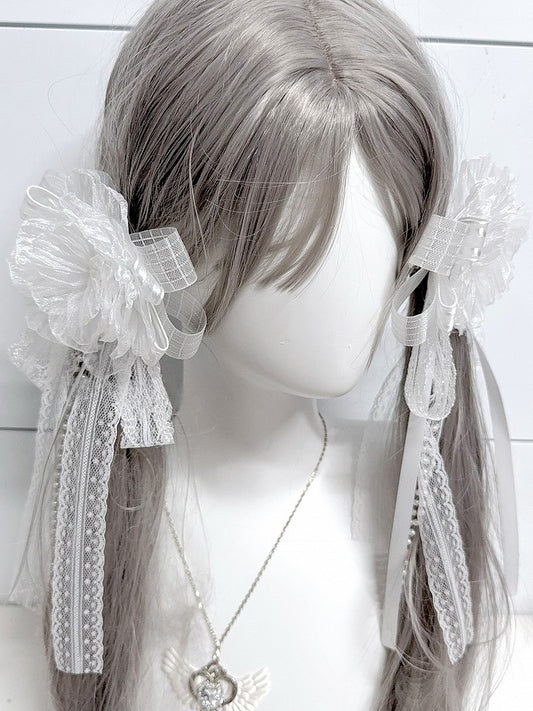 Bowknot with Charm White/Black Design Floral Beaded Hairclip/Brooch