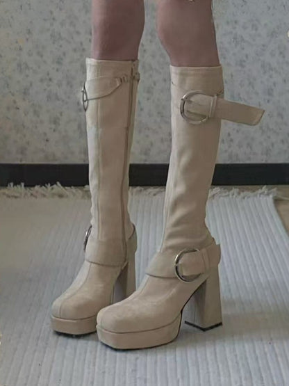 Lolita Heel Khaki - Inner Zip Knee-High Block Buckle Square Platform Boots High with Toe Accents