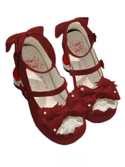 Red in Mid Top Heels Theme Dessert Bow Lolita Trim Lace Beads PU with Heel Sweet Decor