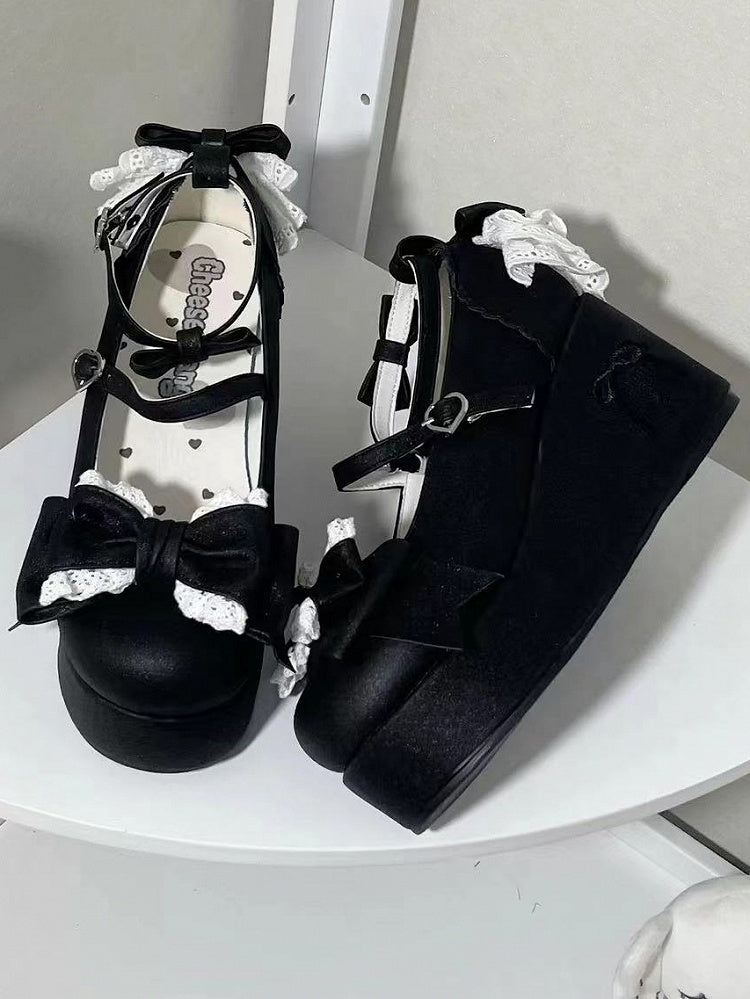 - Plateaus Schwarz Schleife-bestickter Absatz Sweet Lolita