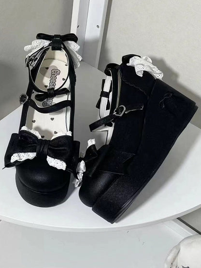 - Plateaus Schwarz Schleife-bestickter Absatz Sweet Lolita