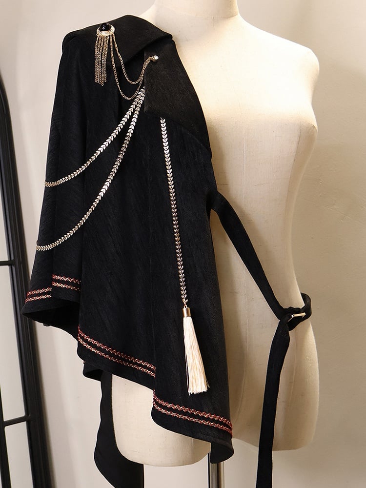 Black and Red Ouji Fashion Preppy Style Full Set-Beige Shirt + Red Waistcoat + High Waist Knickerbockers Shorts + Shawl+ Accessories