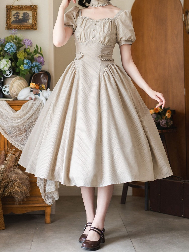 Fashion Puff Fabric Light Khaki Square Neckline Retro Dress Sleeves Striped Vintage