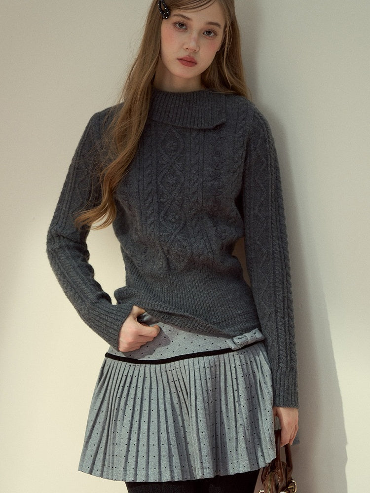 Neck Mock Knit Gray Elegant Cable Sweater Vintage