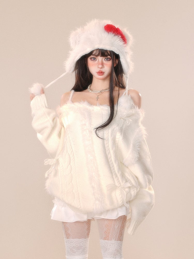 Cozy White Off-Shoulder Sweater with Bow Accent