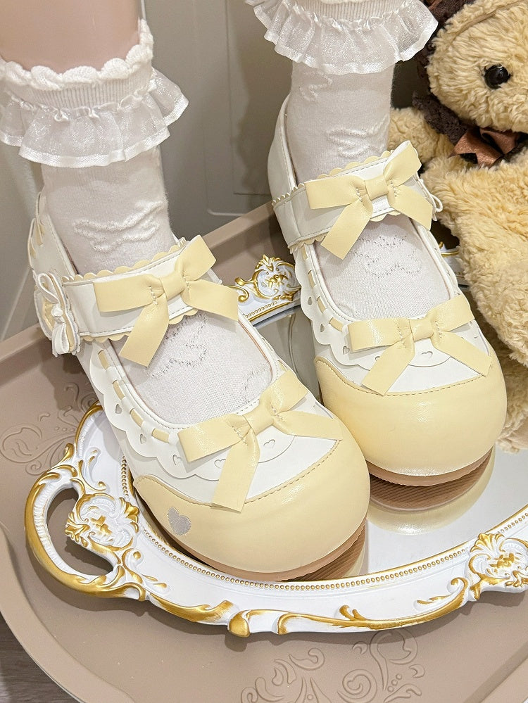 Sweet Edging Bow Yellow Scalloped with PU Mary Lolita Heart - Accents Leather Details Janes