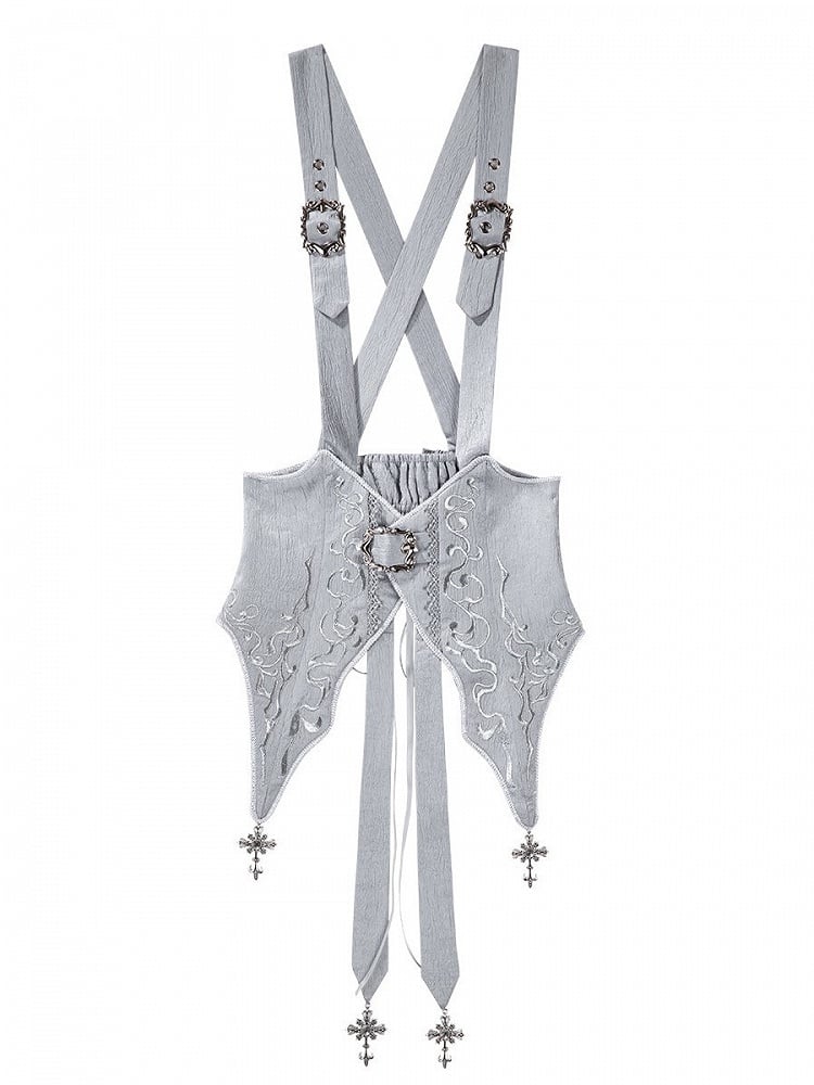 Gray Embroidered Gothic Lolita Corset Belt with Cross Charms - Unknown Star