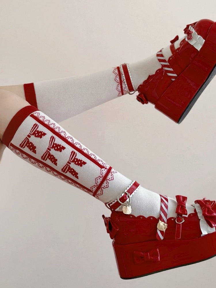 Bowknot Lace Red Calf Socks Pattern Lolita and White