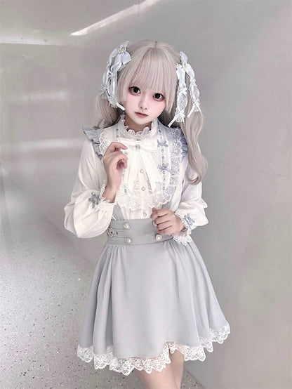 Blue with Dusty Blouse Tie | Included Jirai Ruffle Kei Bow Free and Neckline White