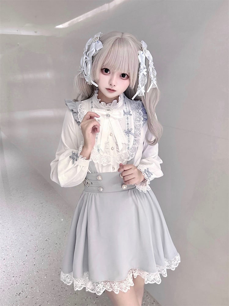 Bow with Ruffle White Included Jirai Free Blue and Neckline Kei Blouse Tie | Dusty
