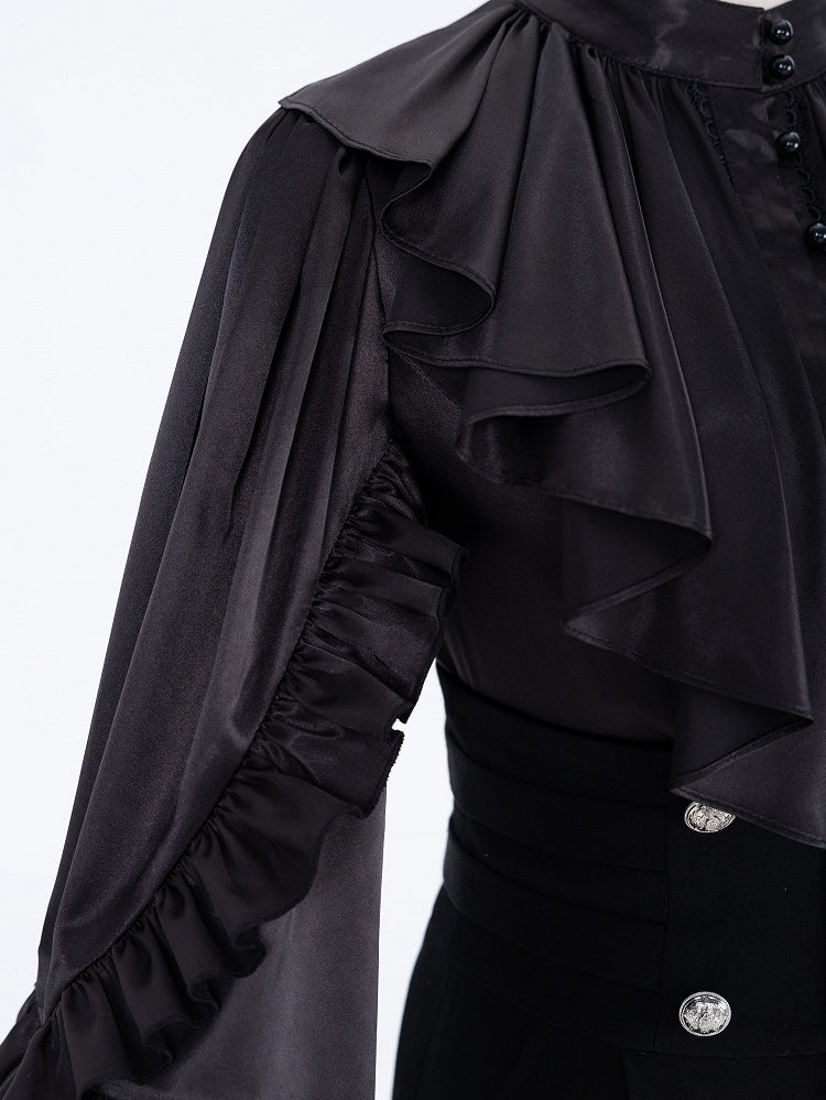 All-Black Ruffled Bodice Shirt with Flounce Trim and Long Sleeves - DevilInspired Exclusive Collection
