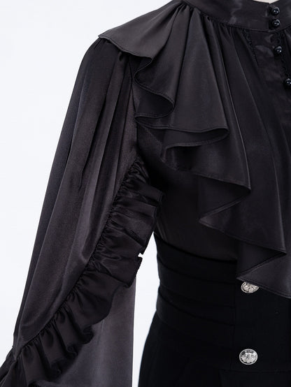All-Black Ruffled Bodice Shirt with Flounce Trim and Long Sleeves - DevilInspired Exclusive Collection
