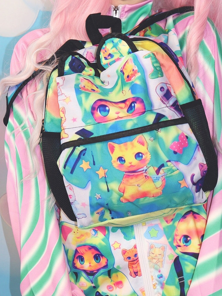 Backpack Green Cat Print Ears Y2K Bear