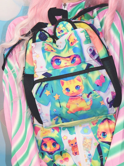 Backpack Green Cat Print Ears Y2K Bear