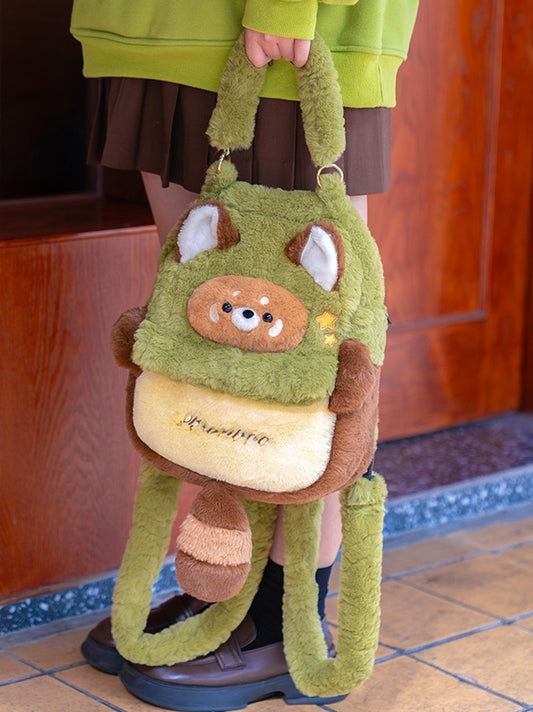 Green And Brown Cute Red Panda Plush Backpack
