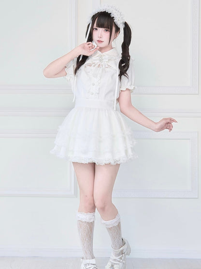 Gothic with Sleeves Skirt Bell Jirai Detachable Tiered Kei Dress White Lace