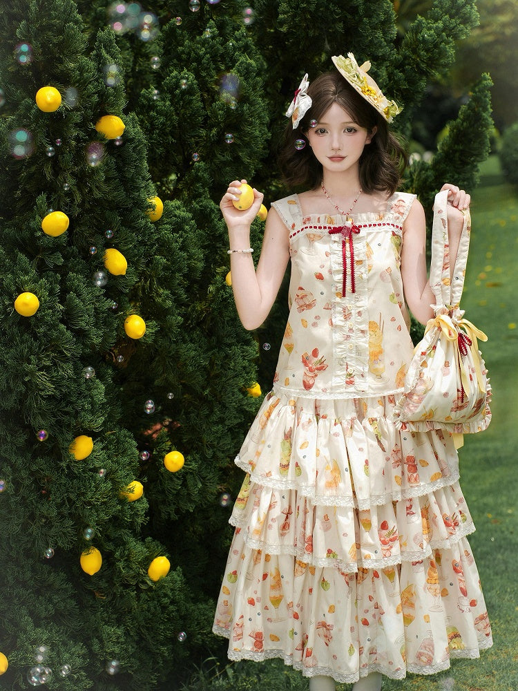 クリーム色のスカートプリントのティアードロリータ、甘いフルーツとデザート