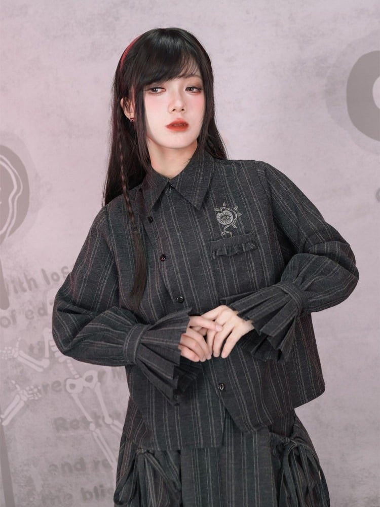 Blouse Stripe Vintage Embroidered Gothic Chinese Gray Placket Diagonal Flare Sleeve