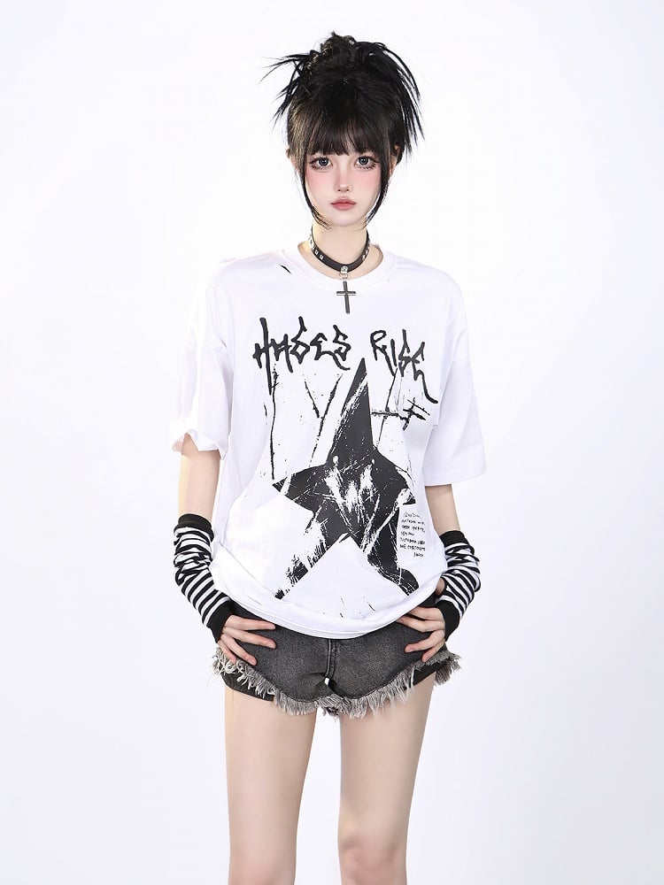 Black/White Vintage Washed Oversized Star Print T-Shirt