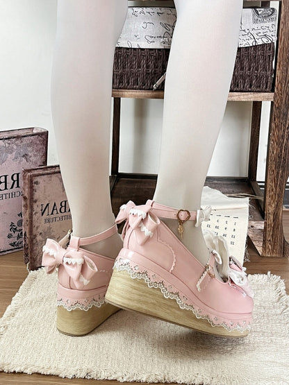 Pink Bowknot Heart Lace Trim Lolita Shoes with Rabbit Detail - Cheese Mango