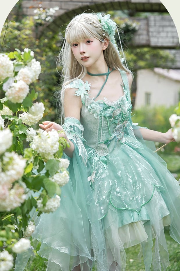 Green Chinoiserie Lolita Boning Corset JSK Dress with Bird & Floral Embroidery Patch - Misty Isle Letter