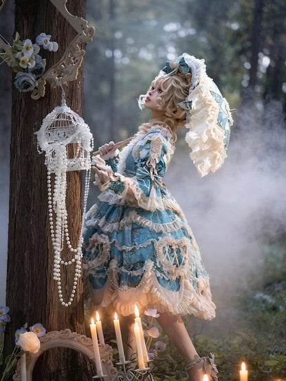Floral Blue Edge with Hem Lolita Dress Print Scalloped Hime Lace