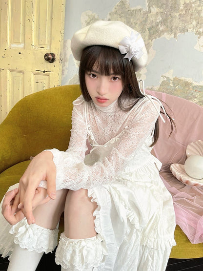 White Semi-Sheer Lace Long Sleeve Top