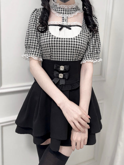 Blouse Jirai Kei Black and White Plaid Banded Collar Cutout Front Short Sleeves