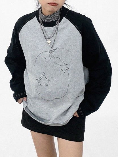 Gray Sleeve Black Neck Unisex Apple Print Long Daily Top Kawaii Round with