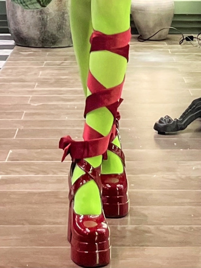 Block High Red in Buckle Elegant Heel Mary Double Janes Design Interchangeable Ribbons System Lolita Platform