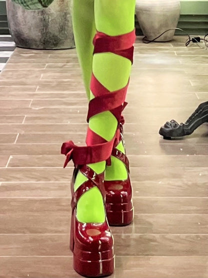 Block High Red in Buckle Elegant Heel Mary Double Janes Design Interchangeable Ribbons System Lolita Platform