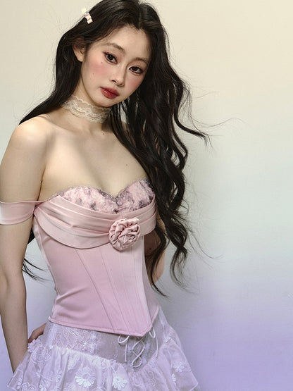 Rosafarbenes Bustier-Korsett-Oberteil mit Blumenmuster und Stäbchen