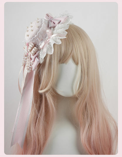 Pink Big Bow Lace Trim Snowflake Mini Hat with Beaded Chain