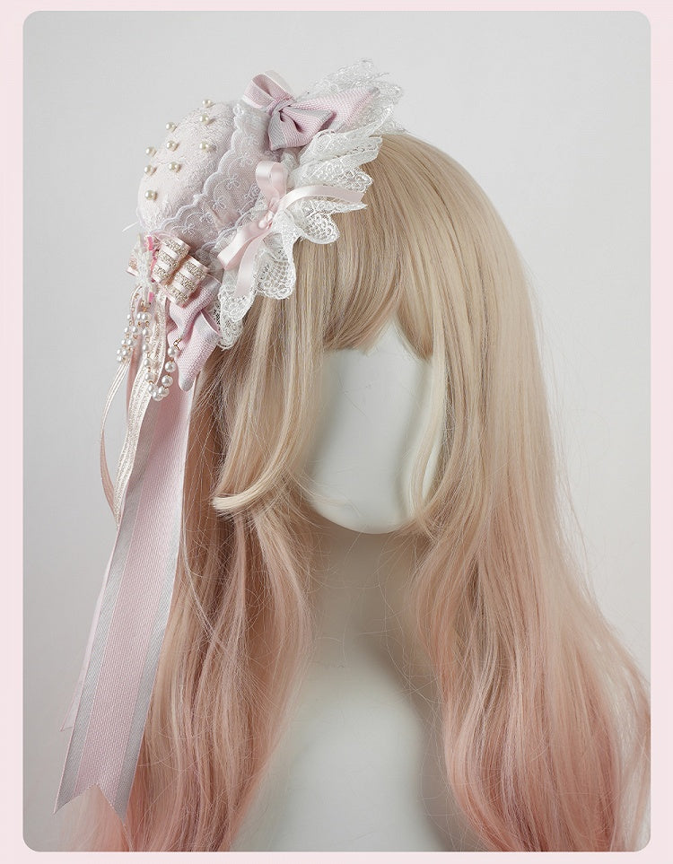 Pink Big Bow Lace Trim Snowflake Mini Hat with Beaded Chain