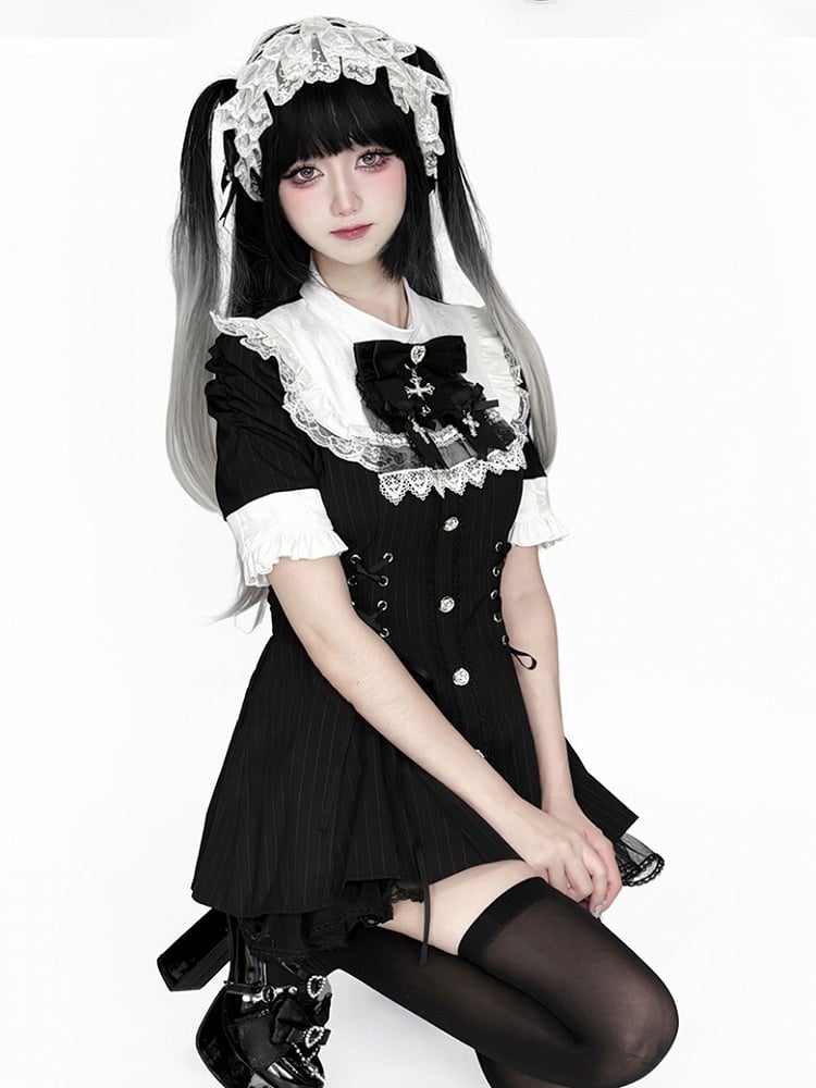 Set - Coord Jirai Striped Kei Waist Black Lace-Up