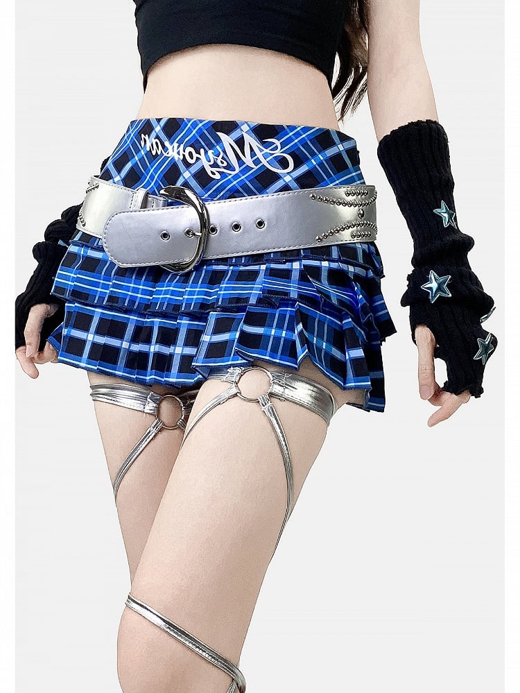 Musterrock Buchstabe Plaid Print Blau Y2K Plissee Klein