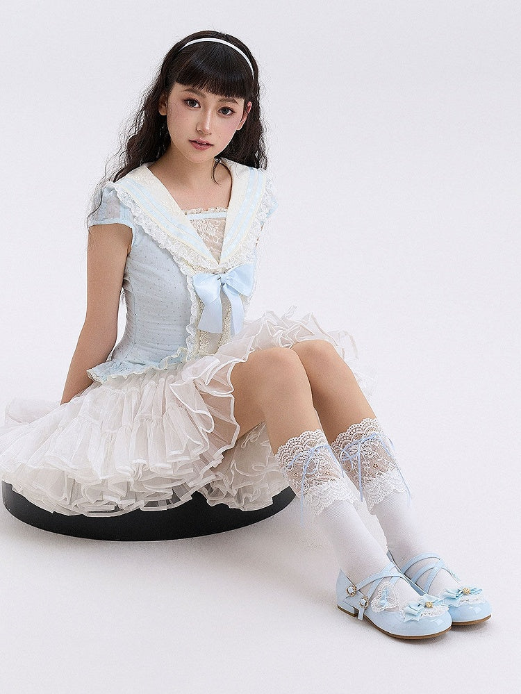 Blue Heels Lolita Low Fastener with Rhinestone Heart Sweet