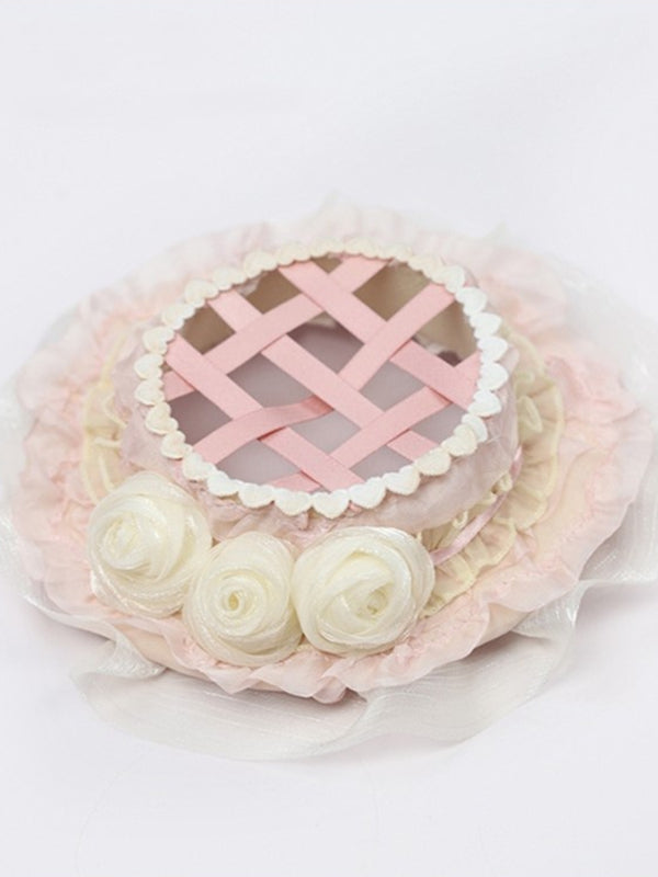 Design with Hat Flower Mini Pink Lolita Sweet White Woven