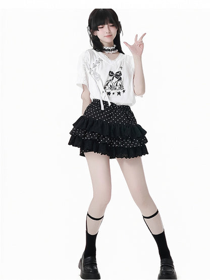 Free Choker T-Shirt White V-Neck Lace-up Detail Blokecore Graphic with