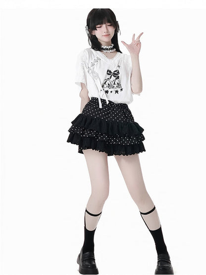 Tiered Polka-dot Skirt Bloomers Lining Black Elastic Waist Lace Trim