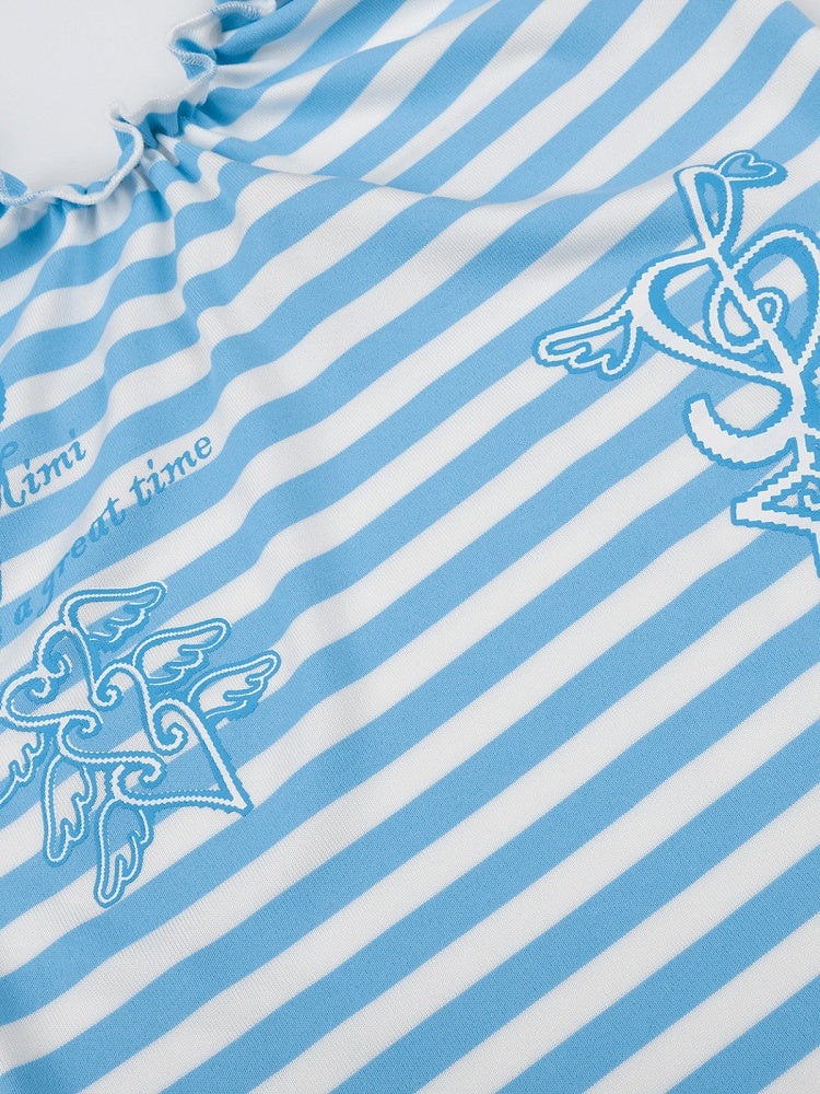 Blue Striped Tank Top with Ruffle Trim and Key Print - Languid Park