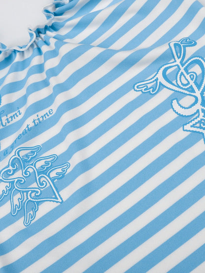 Blue Striped Tank Top with Ruffle Trim and Key Print - Languid Park