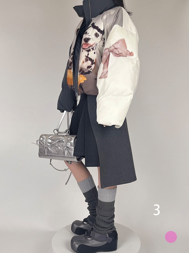 Jacket with Dog Stand Collar Zip-Up Gray Dark Print Spot