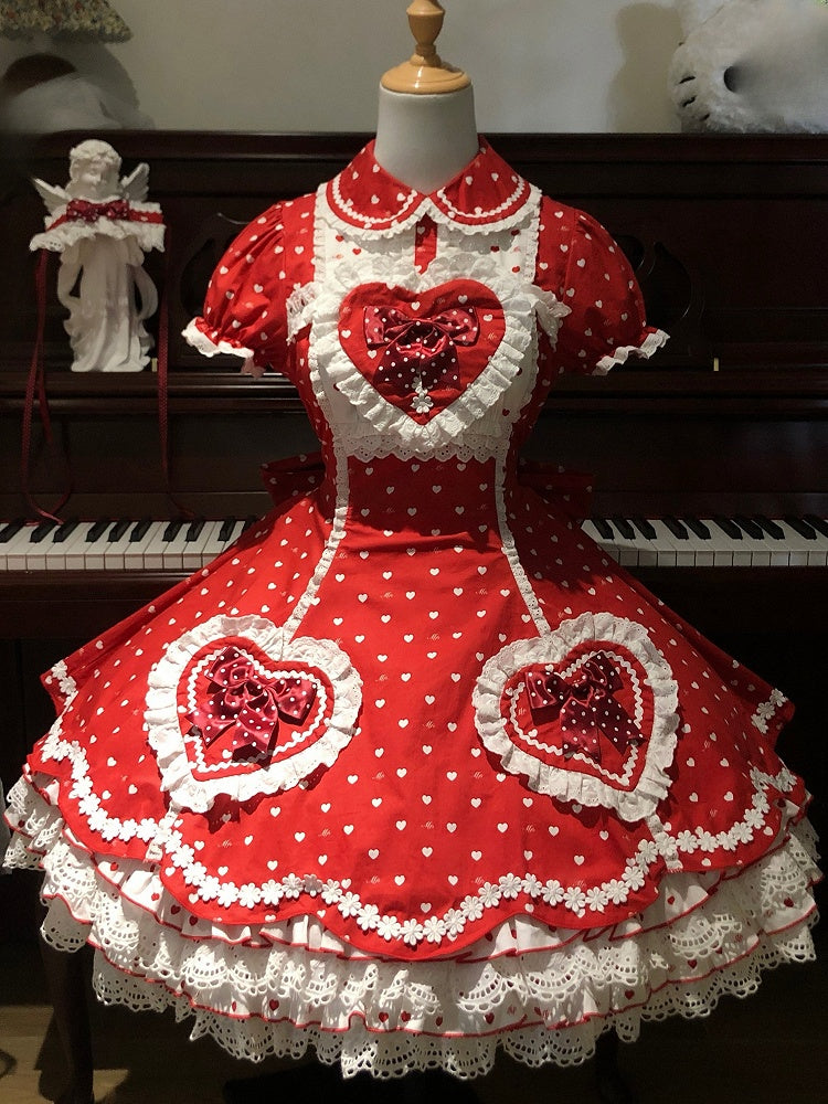 Lolita Dot Sweet Polka Sweetheart Dress Accents with Heart White Applique Red Bow