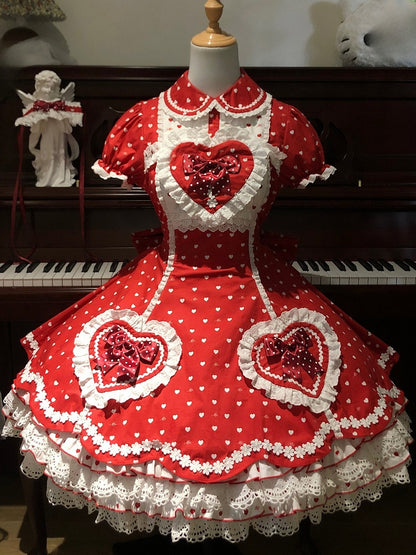 Lolita Dot Sweet Polka Sweetheart Dress Accents with Heart White Applique Red Bow
