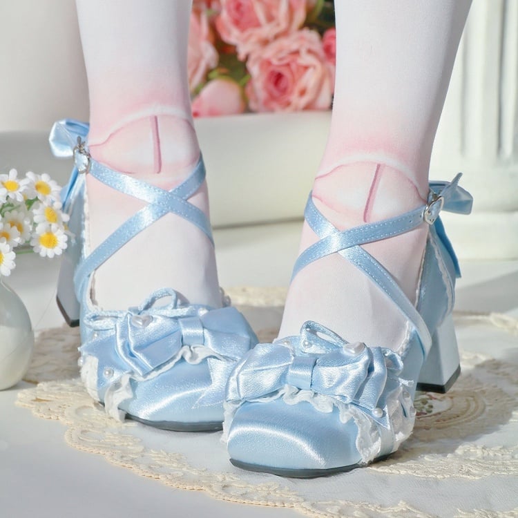 Square Lolita Bow Decorative Blue Toe Shoes Elegant Mid-heel with