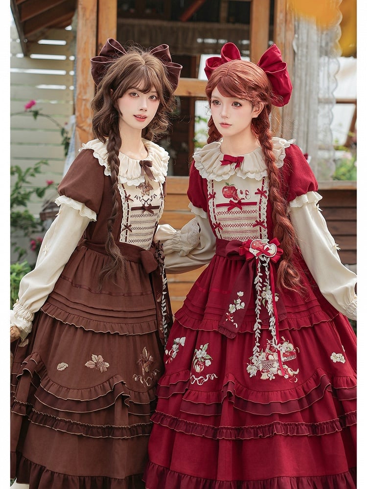 Wine Red Apple Embroidered OP Dress Set with Peter Pan Collar, Long Sleeves, Ruffle Trim, Belt, Brooch & Bow Hairclip - With PUJI