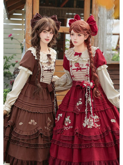 Wine Red Apple Embroidered OP Dress Set with Peter Pan Collar, Long Sleeves, Ruffle Trim, Belt, Brooch & Bow Hairclip - With PUJI